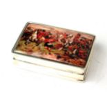 A SILVER AND ENAMEL 'BATTLE SCENE' RECTANGULAR PILL BOX With enamel battle scene to hinged lid. (