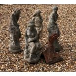 FOUR GARDEN STATUES, GRECIAN FEMALES Along with a terracotta roof tile. (tallest 70cm)