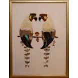 A SET OF FOUR BUTTERFLY WING PICTURES, PARROTS Framed and glazed. (26cm x 38cm)