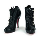 CHRISTIAN LEBOUTIN, A VINTAGE PAIR OF BLACK LEATHER LADIES' ANKLE BOOTS Having chrome fasteners