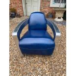 AN ART DECO DESIGN POLISHED ALUMINIUM AND BLUE LEATHER UPHOLSTERED AVIATION OPEN ARMCHAIR. (73cm x