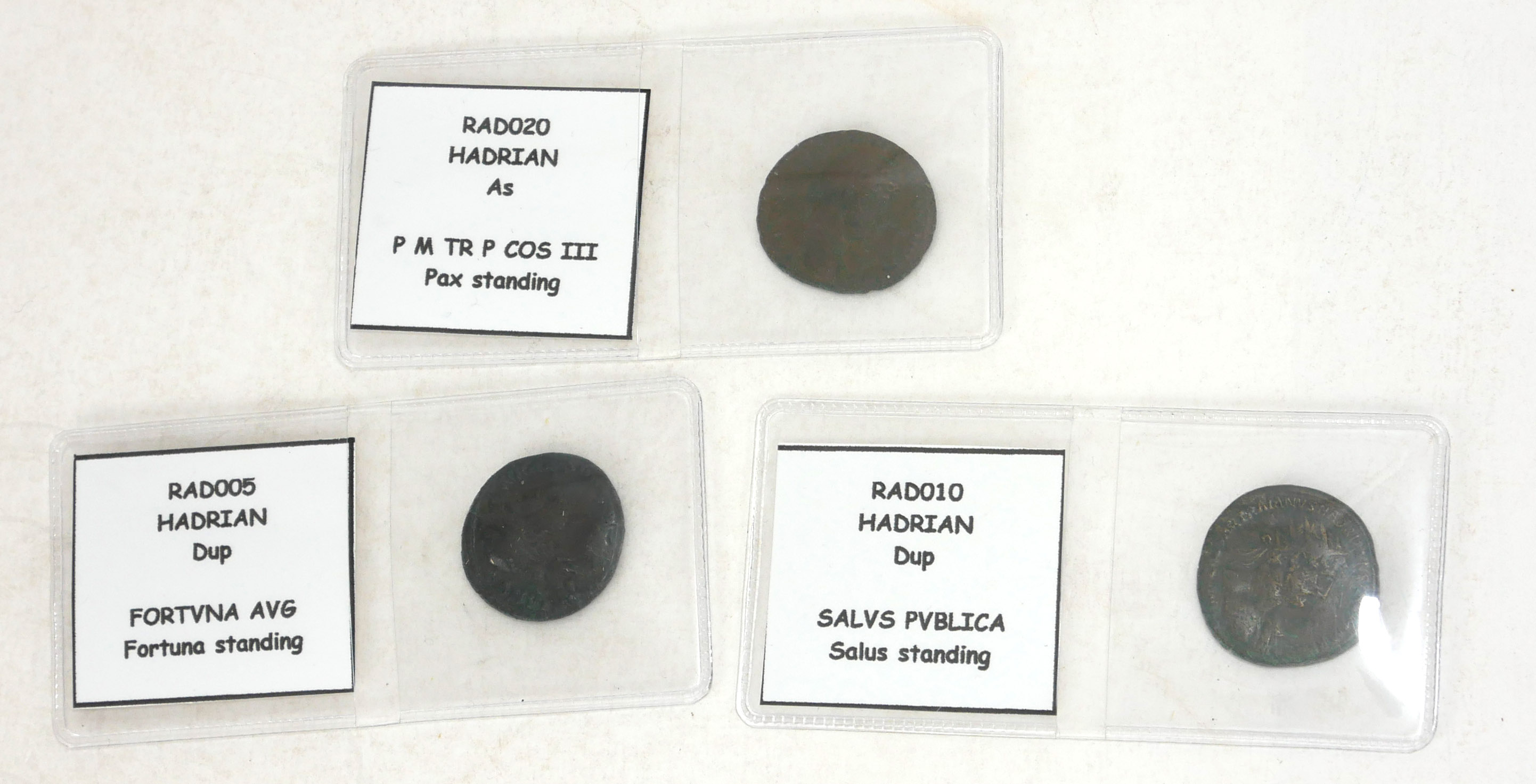 HADRIAN, A COLLECTION OF THREE ROMAN BRONZE COINS Comprising Dup. Fortuna standing, Pax standing and