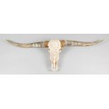 A 20TH CENTURY CARVED LONGHORN SKULL (w 150cm)