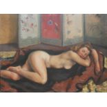 R. BESSET, EARLY/MID 20TH CENTURY OIL ON CANVAS Interior with reclining female nude, framed. (76cm x