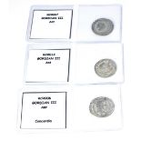 GORDIAN III, 238 - 244AD, THREE ROMAN SILVER COINS With seated and standing concordia figure to