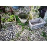 THREE RECONSTITUED STONE PLANTERS Two rectangular and one conical form.