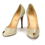 CHRISTIAN LEBOUTIN, A VINTAGE PAIR OF GREY LEATHER HIGH HEEL LADIES' SHOES Open toe with red