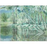 A 20TH CENTURY OIL ON BOARD Landscape view of River Wey, Guildford, monogrammed bottom left titled