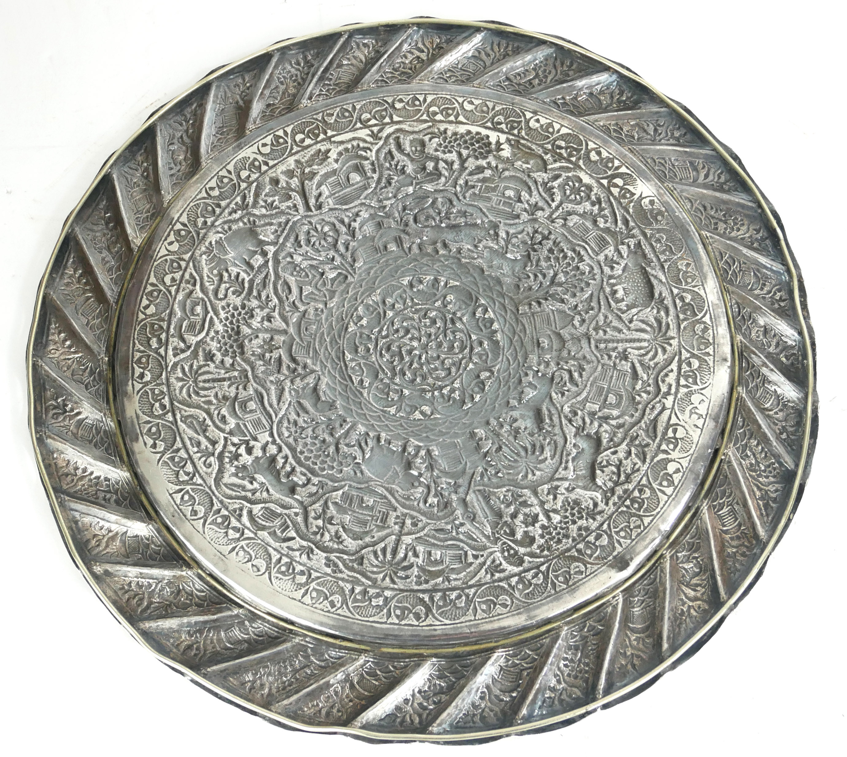 AN INDIAN SILVER SALVER Having a fine chased engraving of a continuous landscape with animals and - Image 2 of 2