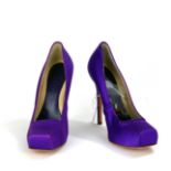 ALEXANDER MCQUEEN, A VINTAGE PAIR OF PURPLE SATIN HIGH HEEL LADIES' SHOES Having a square form
