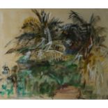 KATHERINE CHURCH, BN 1910, A MONOPRINT AND WATERCOLOUR Titled 'Palms Guadeloupe', signed in pencil