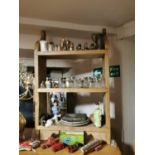 A PINE OPEN THREE TIER SHELF Along with another. (largest 86cm x 29cm x 122cm)