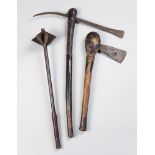 A COLLECTION OF WEAPONS COMPRISING OF TWO 19TH CENTURY AFRICAN CONGO AXES AND A 20TH CENTURY MACE