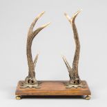 A LATE 19TH/EARLY 20TH CENTURY SET OF BRASS MOUNTED DEER ANTLERS (h 44cm x w 36cm x d 18cm)