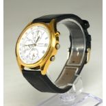 SEIKO, A CHRONOGRAPH YELLOW METAL WRISTWATCH On a black leather strap. (diameter 38mm) Condition: in