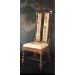 A VICTORIAN MAHOGANY PRIE DIEU CHAIR With stump work applied upholstery, on barley twist