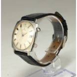 JAEGER-LECOULTRE, MEMODATE, A VINTAGE STAINLESS STEEL ALARM DATE WRISTWATCH On black leather