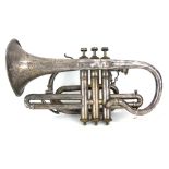 AN EARLY 20TH CENTURY SILVER PLATED MILITARY CORNET INSTRUMENT Marked 'Maker HM Forces A Hall