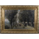 A LARGE 19TH CENTURY OIL ON CANVAS Busy Parisian park scene, horse, carriages and figures walking