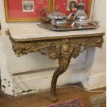 A 19TH CENTURY GILT CONSOLE TABLE With white marble top above a pierced foliage boarder on single