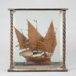 A LATE 19TH/EARLY 20TH CENTURY SCRATCH BUILT MODEL OF A JUNK BOAT IN A GLAZED DISPLAY CASE (h 33cm x