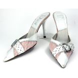 CHRISTIAN DIOR, A VINTAGE PAIR OF PINK AND WHITE LEATHER KITTEN HEEL LADIES' SHOES Having a chrome