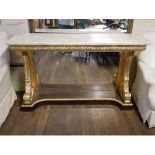 A REGENCY PERIOD ROSEWOOD AND GILDED CONSOLE TABLE With white marble top and mirrored back, scroll