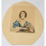 A 19TH CENTURY WATERCOLOUR PORTRAIT MINIATURE Young maiden wearing blue silk robes and holding a