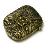 A BRASS 'RED INDIAN CHIEF' NOVELTY VESTA CASE Embossed portrait wearing a feathered headdress,