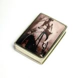 A SILVER AND ENAMEL EROTIC RECTANGULAR SNUFF BOX With monochrome enamel female and penny