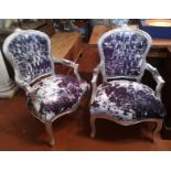 A PAIR OF FRENCH DESIGN SPOON BACK OPEN ARMCHAIR With silvered frames upholstered in a mauve