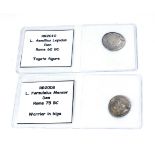 ROMAN REPUBLIC, THREE SILVER DENARIUS COINS L. Farsuleius Mensor 75BC warrior in the Biga and L