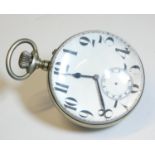 AN EDWARDIAN SILVER PLATED BULLSEYE GLASS DESK CLOCK Oversized pocket watch design with Arabic