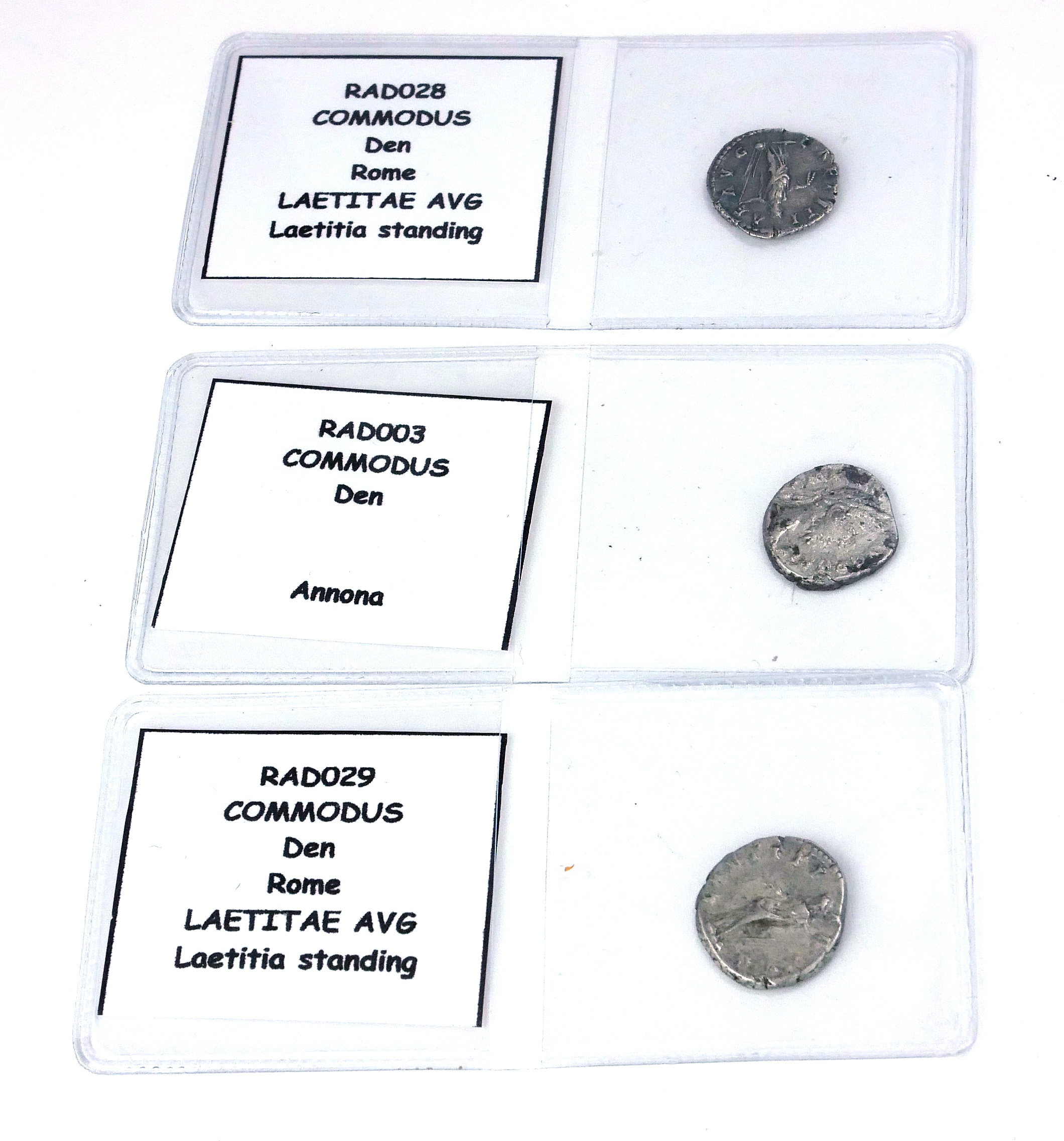 COMMODUS, 177 - 192, THREE ROMAN SILVER COINS Comprising Letitae standing and Annona. (approx 1.8cm)