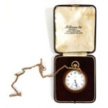 BENSON, A CASED EARLY 20TH CENTURY 9CT GOLD GENT'S POCKET WATCH AND ALBERT CHAIN Open face with