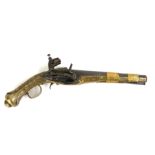 A LATE 18TH/EARLY 19TH CENTURY FLINTLOCK PISTOL Having sheet brass cladding and engraved