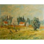 AN EARLY 20TH CENTURY CONTINENTAL OIL ON BOARD Landscape, two cottages with terracotta roofs,
