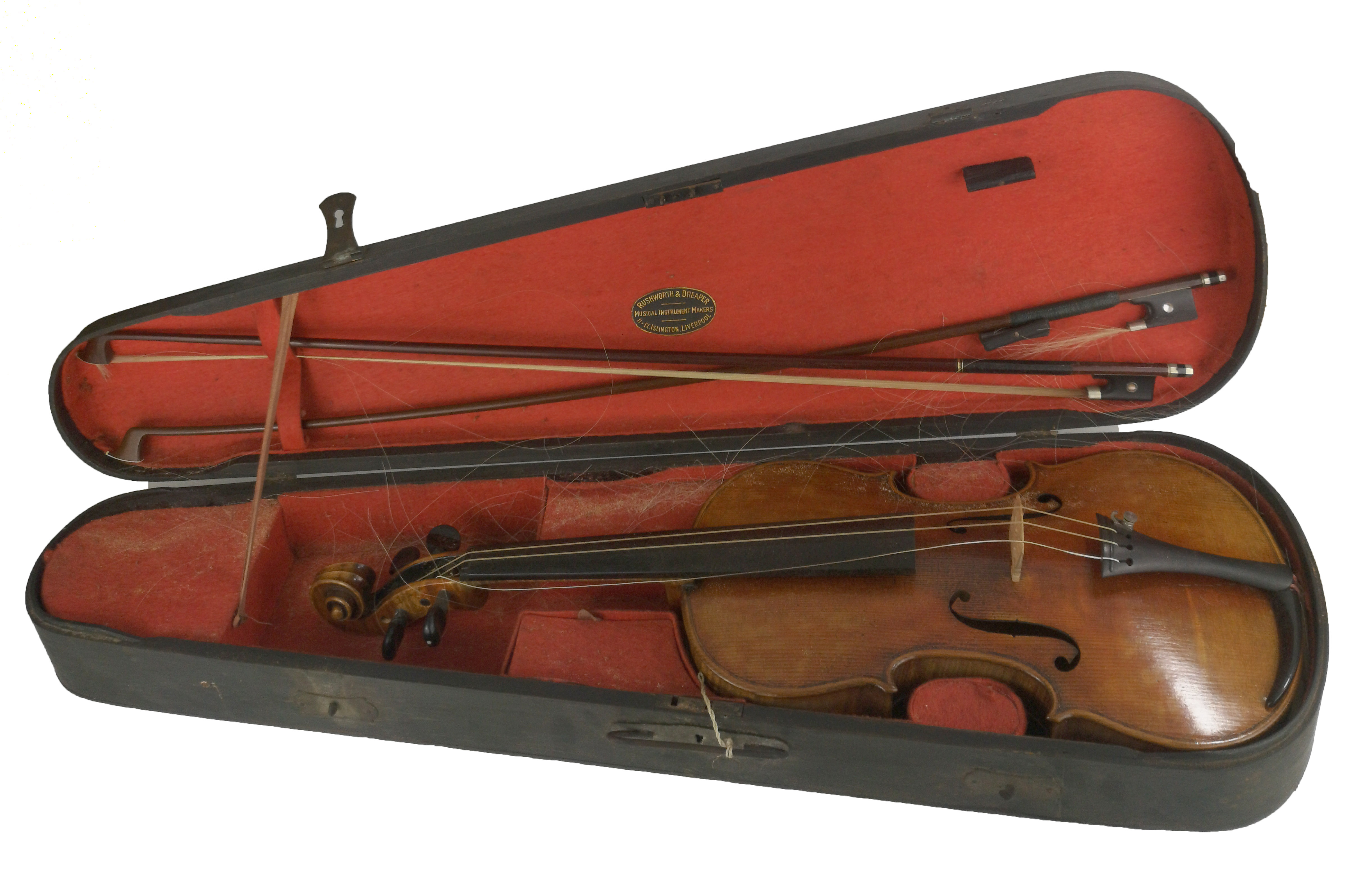 A 19TH CENTURY VIOLIN AND TWO BOWS In sarcophagus wooden carrying case.