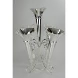 A LARGE SILVER PLATED EPERGNE Five conical trumpets on scrolled frame. (approx 46cm)