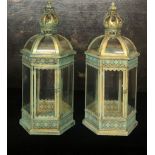 A PAIR OF VERDIGRIS BRASS STORM LANTERN LIGHTS With crown finials above six section convex glazed