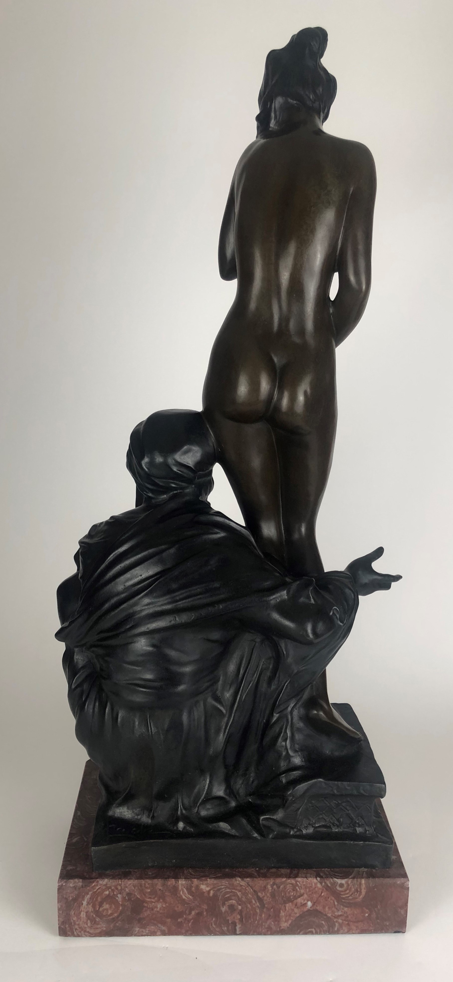 AN ART NOVEAU STYLE BRONZE STATUE OF A NUDE SLAVE GIRL WITH HER MASTER On rouge marble base. ( - Image 4 of 5