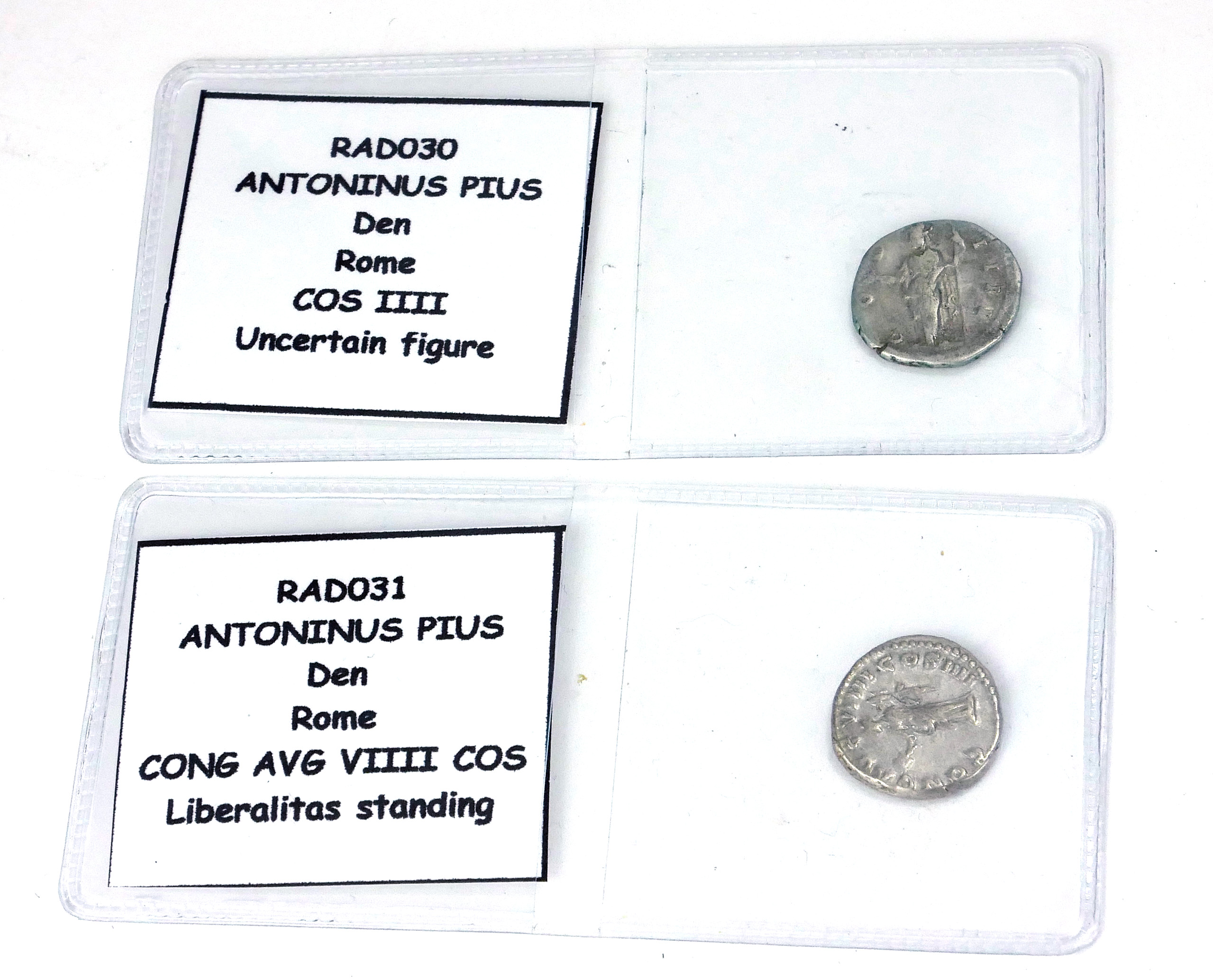 ANTONINUS PIUS, 148 - 149AD, TWO SILVER DENARIUS COINS Laureate head right and Annona standing