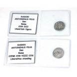 ANTONINUS PIUS, 148 - 149AD, TWO SILVER DENARIUS COINS Laureate head right and Annona standing