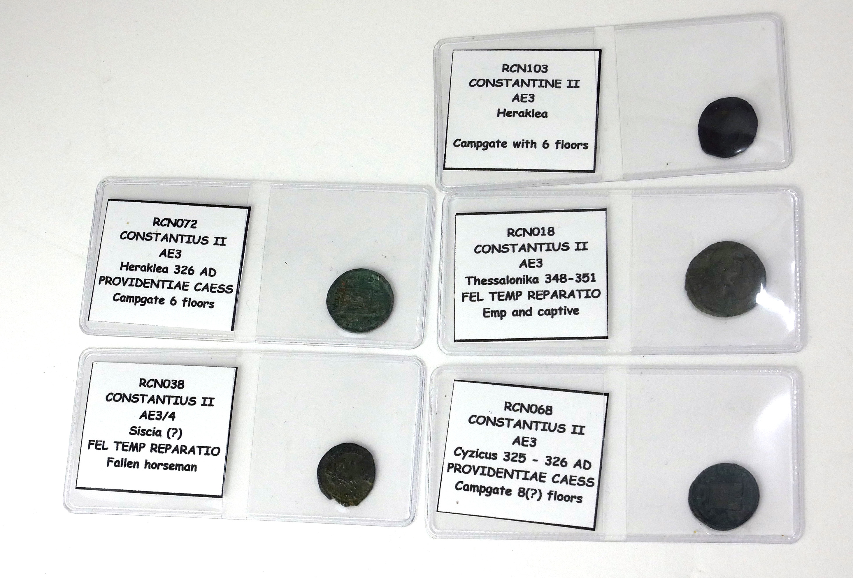 CONSTANTINE II, 313 - 317AD, A COLLECTION OF FIVE ROMAN BRONZE AE3 COINS Herakles Campgate with