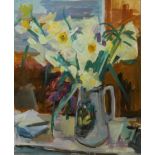 ATTRIBUTED TO KATHERINE CHURCH, BN 1910, OIL ON CANVAS, Still life, vase of daffodils, framed. (