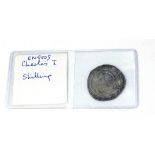 A KING CHARLES I, 1625 - 1649, SILVER SHILLING COIN Having a hammered edge, Tower Mint under the