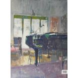 MARY GODWIN, 1887 - 1960, A 19TH/20TH CENTURY OIL ON BOARD Interior scene of Gilbert's music room,