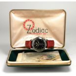ZODIAC, A VINTAGE STAINLESS STEEL AUTOMATIC WATCH Having black tone dial with Day/Date windows and