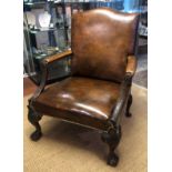 A WILLIAM IV MAHOGANY GAINSBOROUGH LIBRARY ARMCHAIR Newly upholstered in tan leather with brass