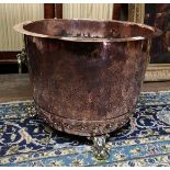 A 19TH CENTURY POLISHED COPPER AND BRASS LOG/COAL BUCKET With brass loop handles, raised on lion paw